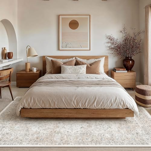 5x7 Washable Vintage Area Rug for Living Room Bedroom Beige Grey Soft Tranditional Non Slip Large Throw Rug Lightweight Floral Low Pile Distressed Carpet Laundry Dining Room Kitchen Office - color: Vintage | Beige Multi, size: 5'x7'