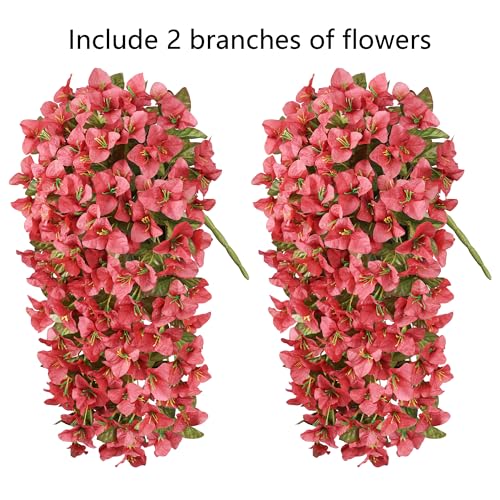 Bougainvillea Artificial Flowers Fake Plants for Outdoors Winter Decoration, 2 pcs Faux Long Trailing Vines UV Resistant Look Real Red Silk Flowers for Outside Planter Front Door Porch Urn Yard Patio - color: Fall Red