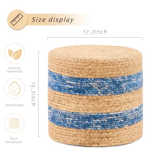 Handwoven Ottoman Pouf, Natural Water Hyacinth Footstool, Round Braided Outdoor Seat with Sturdy Frame, Boho Accent Stool for Patio, Balcony, or Garden (Blue) - color: Blue, size: 17.7"D x 17.7"W x 15.7"H