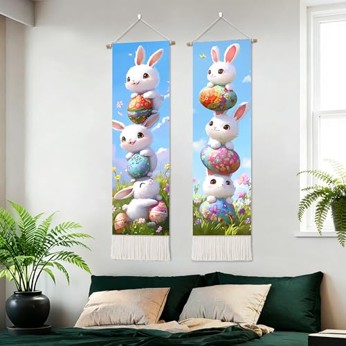 seewan 2 Pack Long Vertical Wall Tapestry, Boho Nature Landscape & Floral Aesthetic Wall Hanging for Bedroom Living Room Home Decor, Long Narrow Art Tapestry with Sunrise Mountain Botanical Designs, 13" × 51" (Cute Bunny Stack, 13"Wx51"H, Unframed) - colo