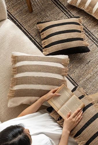 MOCOFO Handwoven Jute Cotton Striped Pillow Covers, Wabi Sabi Boho Farmhouse Decorative Throw Cushion Cover with Fringe(Cover Only) (Black/Natural, 12x28) - color: Black/Natural, size: 28" x 12" (Pack of 1)