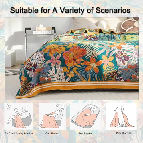 Boho Throw Blanket 60"x80", 100% Cotton Muslin Blankets for Couch Bed Sofa Chair, 4-Layer Soft Cozy Quilt Travel Blanket with Floral, Farmhouse Decor,All Seasons(Green) - color: Green Leaves