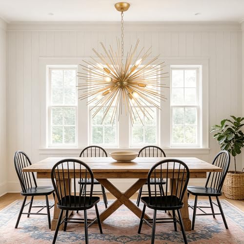 Modern 28.34" Gold Sputnik Chandelier 9-Light Mid-Century Starburst Chandeliers Solid Metal Satellite Firework Urchin Light Fixture for High Ceilings Dining Room Kitchen Living Room, E12 - color: Golden 28.34" 9-Light