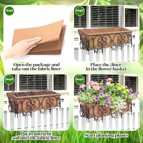 4 Pcs 24in Fabric Plant Window Box Liners Rectangle Non-Woven Planter Basket Liner Insert Brown for Outdoor Garden Fence Wall Railing Hanging Flower Pot, Moisture Retention - size: 24 Inches