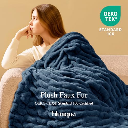 Faux Rabbit Fur Throw Blanket, Soft Plush Cozy Blanket for Couch Bed, Thick Fluffy Ruched Decorative Blanket, Giftable,50"x60",Blue - color: Blue, size: Throw(50"x60")