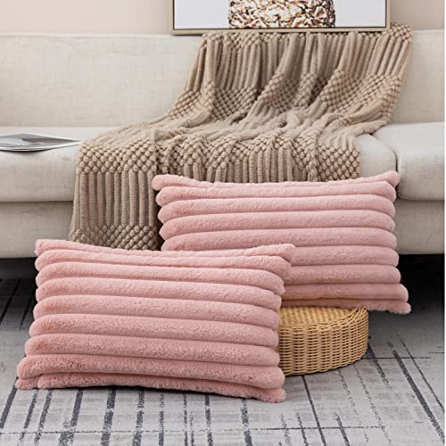 ZLINA Set of 2 Baby Pink Faux Fur Decorative Throw Pillow Covers Fluffy Striped Pillowcase Cushion Covers 12 x 20 Inch Decor Sofa Couch Bedroom - color: Baby Pink, size: 20" x 12" (Pack of 2)