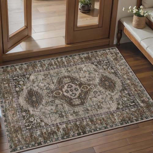 Tangsoo Washable Entryway Rugs 2x3 Vintage Non Slip Small Area Rug, Indoor Front Door Rug, Print Distressed Door Mat Indoor Entrance Soft Low Pile Throw Rug for Entry Kitchen Bedroom Grey - color: Grey/Taupe, size: 2' X 3' (Rectangular)
