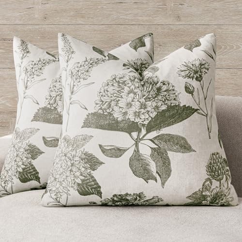 Foindtower Set of 2 Linen Floral Throw Pillow Covers Vintage Accent Print Decorative Cushion Covers Farmhouse Boho Home Decor for Sofa Chair Couch Bedroom Living Room,20×20 Inch,Sage Green - color: Cedar Green, size: 20" x 20" (Pack of 2)