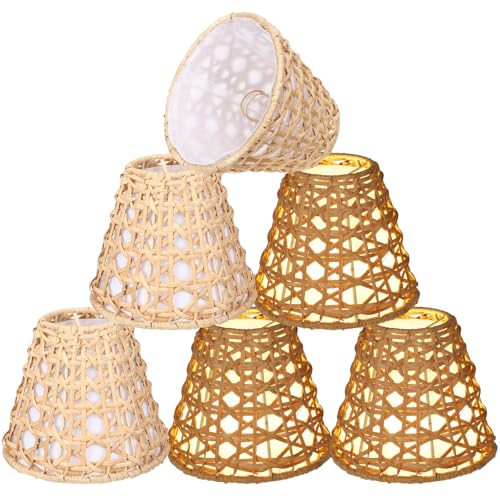 6 Pack Small Rattan Clip on Lamp Shade 4" Top x 6" Bottom x 5" High Boho Shades Natural Rattan Replacement Light Covers Woven Lampshade for Floor Lamps Pendant Light Chandelier Wall Sconces