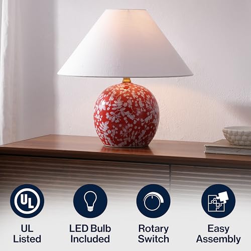 JONATHAN Y 17.25" Red/White Modern Cottage Floral Ceramic Globe Table Lamp for Bedroom, White Linen Shade, LED Bulb Included, French Country Home Decor (JYL5508B) - color: Red/White