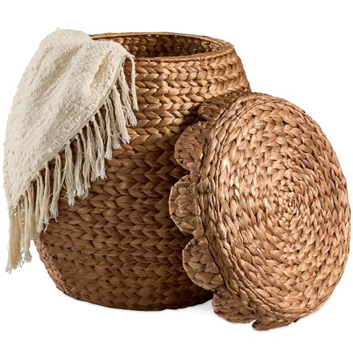 Best Choice Products Scalloped Multipurpose Hyacinth Storage Basket, Plant Décor, Handwoven Organizer Tote for Bedroom, Living Room, Nursey, w/Lid - Chestnut - color: Scallop, Chestnut