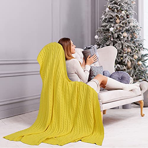 uxcell 100% Cotton Knitted Throw Blanket for Sofa and Couch Soft Lightweight Cable Knit Blanket Home Decors Blanket, Yellow 50" x 60" - color: Yellow, size: Throw (50" *60")