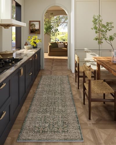 Machine Washable Hallway Runner Rugs: 2'x6' Kitchen Rug Stain Resistant Non Slip Low Pile Soft Carpet Runners for Hallways Indoor Entryway Kitchen Laundry Room Bedroom Bathroom Farmhouse - color: Dark Green Brown, size: 2' x 6' (Rectangular)