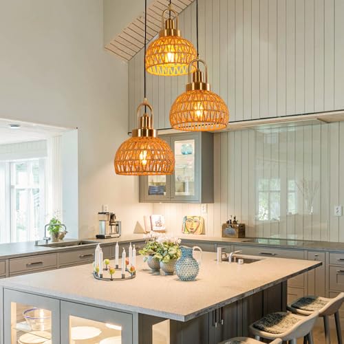 Modern Boho Gold Rattan Pendant Light 3-Lights Vintage Farmhouse Rattan Pendant Light Fixture Hand Woven Golden Bamboo Wicker Pendant Lights for Kitchen, Stairwell, Entryway, Living Room - color: Gold 3-Light