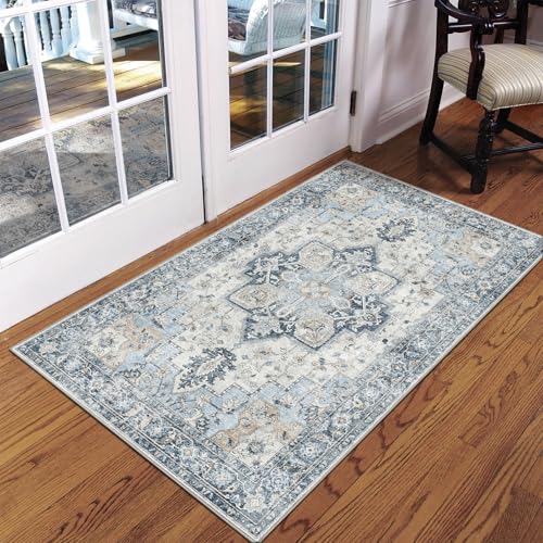 GENIMO Area Rug 2x3 Doormat, Machine Washable Low Pile Vintage Rugs, Small Lightweight Rug Entryway Indoor Mat for Entrance, Hallway, Kitchen and Corridor, Blue - color: Blue&gold, size: 2' x 3' (Rectangular)