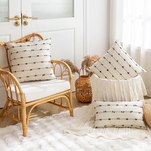 YEENAASY Boho Throw Pillow Covers 18x18 Set of 2 Modern Farmhouse Decorative Cushion Case Tufted Square Pillows Cover Neutral Pillow Cases Accent Pillowcase for Sofa,Couch,Bed,Beige and Black - color: Beige and Black, size: 18" x 18" (Pack of 2)