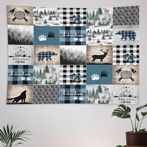 ZhiRain Deer Bear Tapestry Wall Hanging Wild Animals Wolf Hunting Adventure Geometric Plaids Pines Rustic Retro Tapestries Home Decor for Living Room Bedroom Farmhouse Apartment 30"x40" - color: Cabin-12, size: 30"L x 40"W