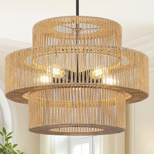 22" Boho Hand Woven Rattan Chandelier Light Fixtures, 5 Light Farmhouse Pendant Light for Kitchen Island, 3 Round Large Wicker Chandeliers for Dining Room, Living Room, Bedroom, Hallway - color: Beige, size: 22 Inch