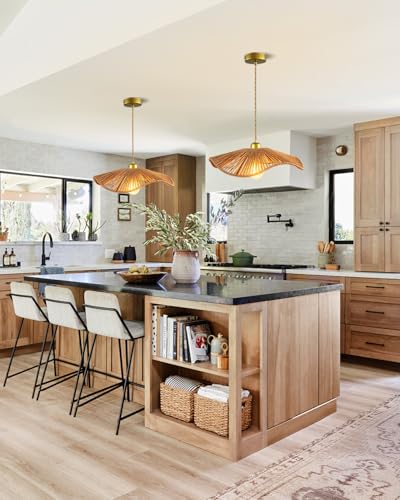 Woven Pendant Light, 15.7" Handmade Rattan Shade, Modern Boho Chandelier for Dining Room Wicher Hanging lamp Farmhouse Rattan Chandelier for Kitchen Island Living Room Bedroom - color: 15.74″-Fan-shaped