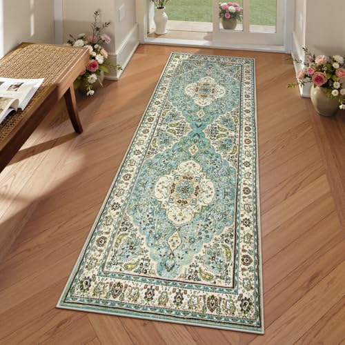 Lahome Felice Floral Medallion Runner Rug - 2x6 Hallway Bedside Turkish Throw Rug Runner Mat Soft Faux Wool Non-Slip Machine Washable Floor Carpet for Kitchen Laundry Bathroom, Sky/Baby Blue - color: Sky/Baby Blue, size: 2' x 6' (Runner)