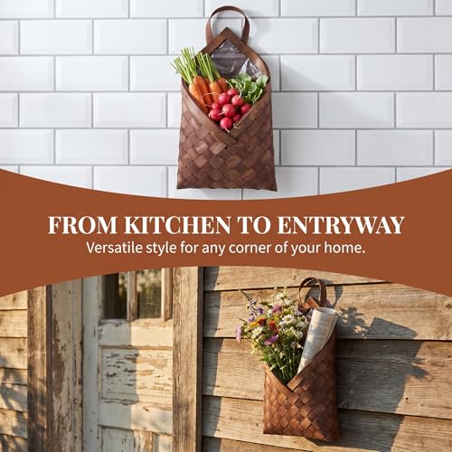 Hemobllo Woven Hanging Wall Basket for Storage, Handmade Wooden Flower Bag for Wall Decor, Rustic Farmhouse Hanging Fruit Basket for Kitchen, Boho Entryway Mail Organizer & Flower Girl, Coffee