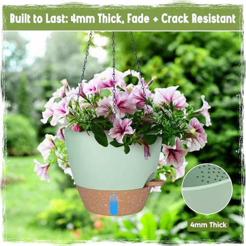 Self-Watering Hanging Planters with Water Level Window, 8/10 Inch Indoor Outdoor Hanging Plant Pots Includes Chain Hangers with Drainage Holes & Detachable Reservoir (Green, 8+10 inch) - color: Green