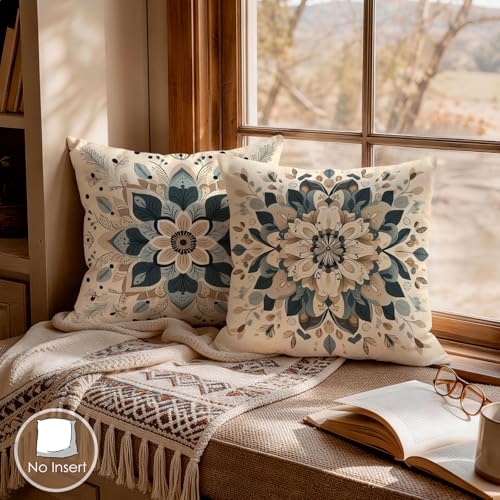 OBSEDE Blue Floral Mandala Decorative Throw Pillow Covers 18x18 Set of 4 Faux Linen Cushion Cases Single-Sided Print Boho Light Blue Accent Pillows for Couch Sofa - color: Blue Floral Mandala