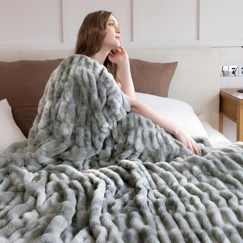 Faux Rabbit Fur Throw Blanket, Ultra Soft Plush Cozy Blanket for Couch Bed, Thick Fluffy Ruched Tie-Dye Decorative Blanket, Giftable,60"x80",Tie-Dye Gray - color: Tie-dye Gray, size: Twin(60"x80")