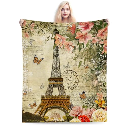 Vintage Paris Throw Blanket, Floral Eiffel Tower French Cityscape European Culture Element Warm Cozy Flannel Soft Blanket for Couch Chair Sofa Bed Bedroom Living Room Car for All Season 30"x 40" - color: Country07, size: 30X40 inch