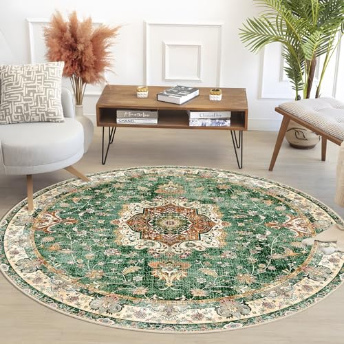 Green Round Rug 5ft, Circle Boho Area Rugs for Bedroom Living Room Bedside,Washable Vintage Bohemian Distressed Oriental Floral Carpet Non Slip,Retro Sage Floral - color: Green, size: 5'x5'