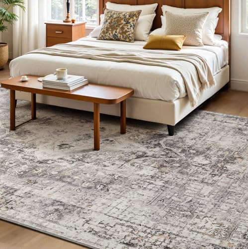 YOH Boho Washable Rug 4x6, Charcoal Gray Vintage Non Slip Area Rug, Distressed Indoor Carpet for Living Room Bedroom Kitchen Office - color: Charcoal Gray, size: 4' x 6' (Rectangular)