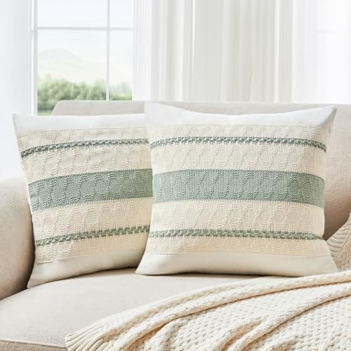 Throw Pillow Covers Set of 2 18x18 Inch Boho Pillow Covers, Soft Neutral Cotton Sage Green Decorative Case for Couch Sofa Bed Living Room, Home Modern Woven Farmhouse Cute Decor - color: Sage Green, size: 18" x 18" (Pack of 2)