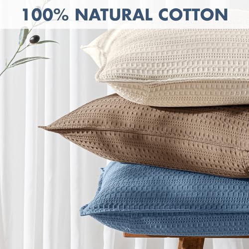 Set of 2 Decorative 100% Cotton Waffle Throw Pillow Covers 18x18, Neutral Coastal Euro Shams Weave European Cushion Cases for Couch Sofa Bed Modern Farmhouse Home Decor, Blue - color: Blue, size: 18" x 18" (Pack of 2)