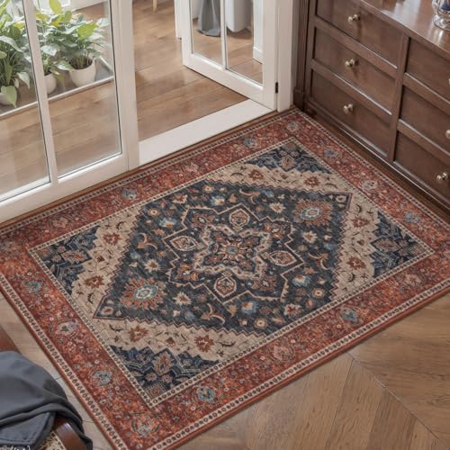Tangsoo 2x3 Washable Rug for Entryway, Vintage Non Slip Small Area Rug, Indoor Front Door Rug, Print Door Mat Small Carpet, Soft Low Pile Rugs for Entrance Kitchen Bedroom Dark Blue/Orange - color: Rust/Dark Blue, size: 2' X 3' (Rectangular)