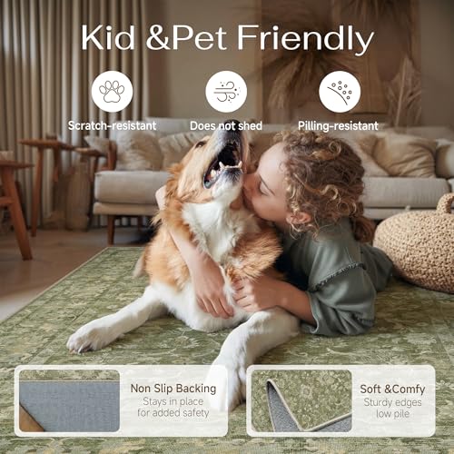 HUGEAR 2x3 Washable Vintage Entryway Area Rug Green Neutral Distressed Low Pile Non Slip Soft Small Carpet Indoor Door Mat Throw Rug for Entrance Kitchen Bathroom Laundry Room - color: Green, size: 2' x 3' (Rectangular)