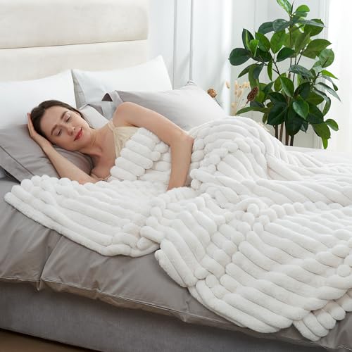 Amélie Home Faux Fur Throw Blanket for Couch, Cozy Fuzzy Fluffy Fur Luxurious Soft Striped Plush Gift Blankets for Family Sofa Chair, 60"x80", Ivory - color: Striped Ivory, size: Twin(60"x80")