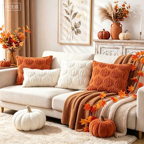 Burnt Orange Pumpkin Throw Pillow Covers 18x18 inch Set of 2, Tufted Plush Fall Halloween Cushion Covers for Couch Sofa Decor - color: Orange Pumpkin