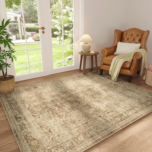 FMFUNCTEX 5x7 Washable Area Rug Neutral Vintage Brown Non Slip Low Pile Traditional Indoor Carpet for Living Room Bedroom Soft Retro Floral Mat Throw Rug for Dining Office Kitchen Dorm Entryway - color: Brown, size: 5' x 7' (Rectangular)