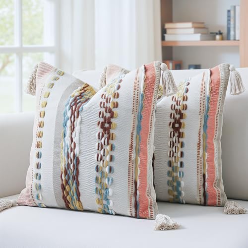 PANOD Chenille Farmhouse Throw Pillow Covers 18 x 18 Red Brown, Neutral Boucle Couch Pillow Cover, Striped Decorative Boho Coushion Cover Pillow Case for Couch Bed Sofa Bedroom,Modern Accent,Set of 2 - color: Red Tone, size: 18" x 18" (Pack of 2)