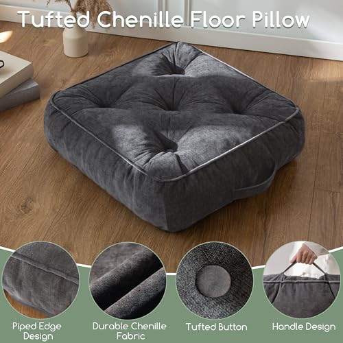 HIGOGOGO 6" Extra Thick Floor Pillow Cushion for Adults, Meditation Cushion Pillow with Handle, Lustrous Chenille Tufted, Square Floor Sitting for Tatami Living Room or Yoga, 22x22 Inch, Dark Grey - color: Square Dark Grey, size: 6" Thick(Pack of 1)