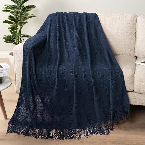 PAVILIA Navy Blue Knit Throw Blanket for Couch Bed, Soft Knitted Farmhouse Sofa Throw for Living Room, Lightweight Decorative Summer Throw Blanket for Chair, Outdoor Textured Boho Blanket, 50x60 - color: Navy Blue, size: 50 X 60 Inches - Throw