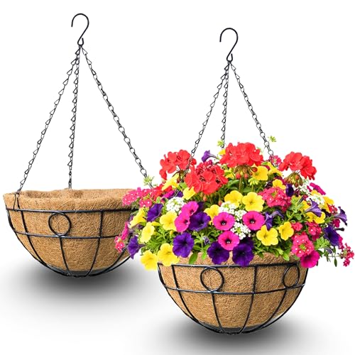 2 Pack 12 Inch Hanging Baskets for Plants Outdoor Metal Hanging Planters Round Hanging Flower Pots with Coco Coir Liner Plant Holder for Outdoor Patio Garden Balcony Decor - Circular - color: Circular