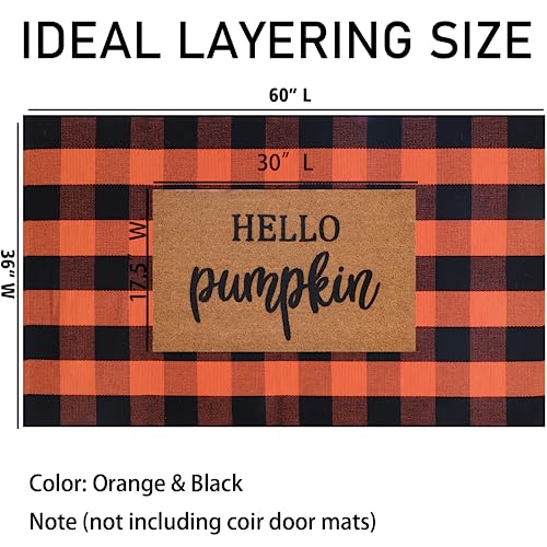 Orange and Black Plaid Rug, 3' x 5' Fall Outdoor Front Door Decor Mat, Cotton Washable Hand-Woven Rug for Layered Doormat, Autumn Halloween Thanksgiving Carpet for Porch, Entryway - color: Orange & Black Plaid, size: 3' x 5' (Rectangular)