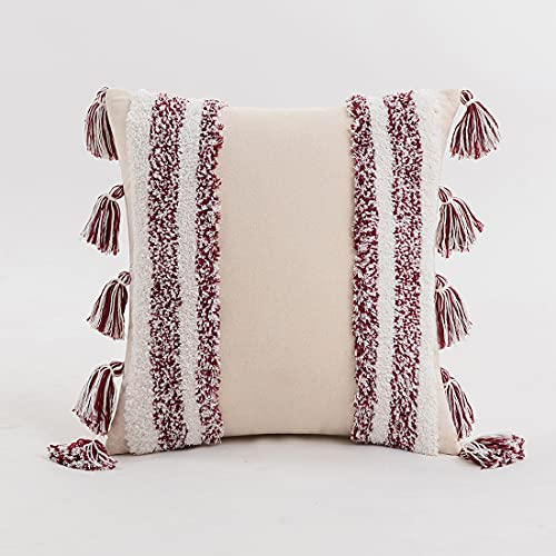 Boho Throw Pillow Cover Tufted Woven Decorative Pillowcase with Tassel Accent Square Farmhouse Stripe Cushion Cover for Sofa Bed Living Room (Wine Red,18x18 Inch) - color: Wine Red, size: 18" x 18" (Pack of 1)