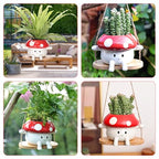 Fungi Fun Mushroom Hanging Planter Pot, Cute Ceramic Swing Face Planter for Indoor & Outdoor, Unique Mushroom Planters for Succulents, String of Pearls Plant, Small Hanging Planters Red & White
