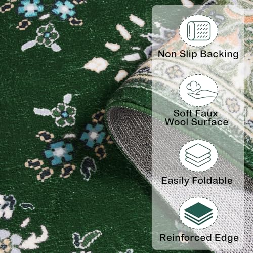 HOMORE 2x3 Area Rug Small Green Rugs for Bedroom, Washable Rug for Entryway, Faux Wool Non Slip Low Pile Indoor Door Mat for Entrance Small Kitchen Rugs Vintage Floral Rug for Living Room Dorm Decor - color: Deep Green, size: 2' x 3' (Rectangular)