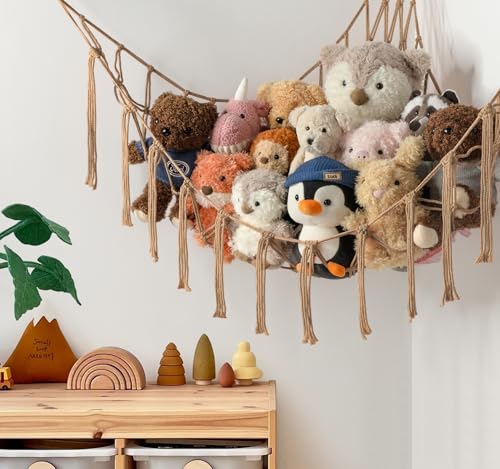 Stuffed Animal Storage Hammock or Net Corner - Large Toy Hammock Net for Stuffed Animals Room Decor - Cute Stuff Animal Organizer Plush Holder - Kids Baby Nursery Essentials Wall Bedroom Home Decor - color: Flaxen, size: Standard(41.5"L x 55.2"W x 41.5"H)