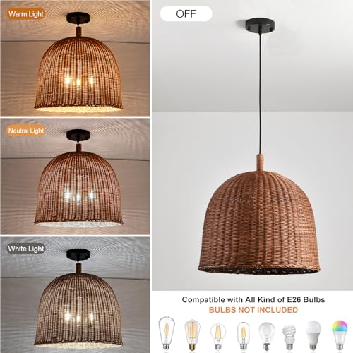 17" Farmhouse Rattan Chandelier 3-Lights Hand Woven Wicker Dining Room Light Coastal Boho Bamboo Pendant Hanging Lighting Fixture for Living Room Bedroom Restaurant Foyer Kitchen Island - color: Coffee-17 IN