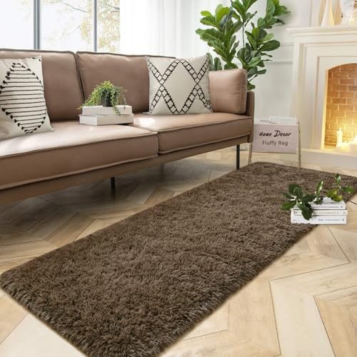 DweIke Fluffy Light Brown Runner Rugs for Bedroom, 2x6 Feet Soft Plush Long Runners for Girls Boys Kids, Non-Slip and Machine Washable Bedside Rug, Small Throw Carpet for Hallway Rooms Decor - color: Light Brown, size: 2 Ft X 6 Ft