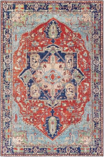 Vintage Tribal Distressed Thin Rug for Living Room Bedroom Diningroom Nursery Playroom Washable Carpet Oriental Boho Art Aesthetic Kitchen Office Hallway Indoor Outdoor Area Rugs 2x3 Blue Red - color: G, size: 2x3ft